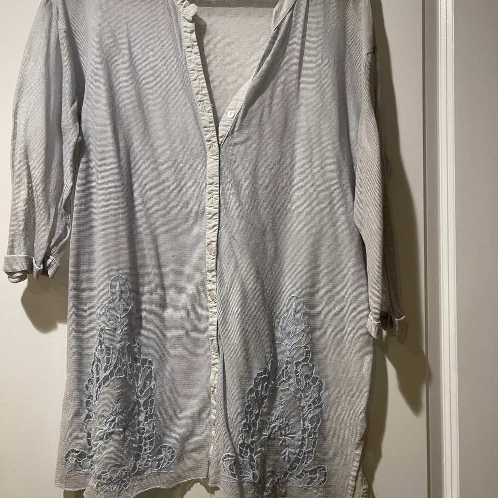 Blue Gray Embroidered Button-Up Shirt